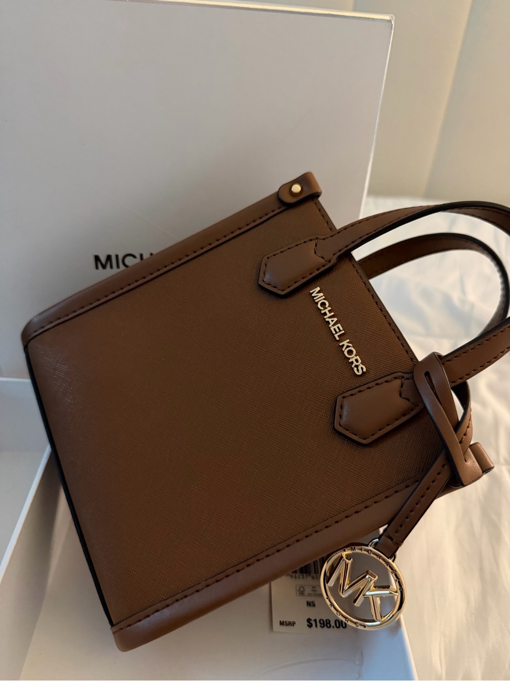 Michael Kors Tan Leather Mini Tote with Gold Charm